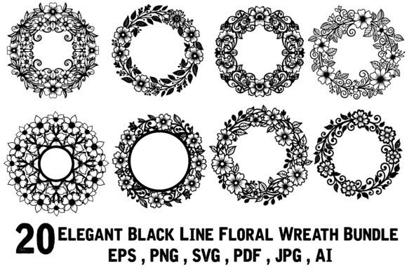 Download Elegant Black Line Floral Wreath Bundle - Black line Collection